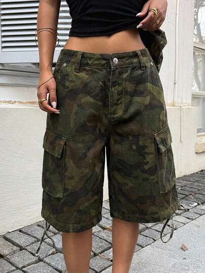 SHEIN ICON 女士工装口袋阔腿宽松迷彩牛仔短裤