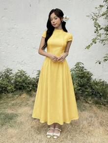 少女优雅翻领短袖收腰纯色连衣裙 - 黃色 - 查看 5