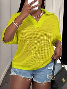 Slaydiva Loose Fit Solid Color V-Neck Drop Shoulder Hollow Out Knit Casual Blouse For Plus Size Women, Spring/Summer - Mint Green - View 7