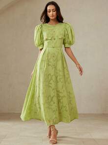 BELROSIE Elegant Tea Party Golf Floral Chiffon Maxi Dress, Round Neck Front Button Decor Faux Pocket Puff Sleeve Flared Dress For Party, Commute - Green - View 4