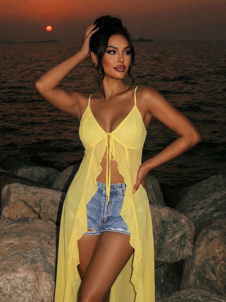 Swim SXY 2026 New Spring/Summer Sexy Romantic Vacation Style Chiffon Ruffle Tie-Up Slit Mid-Length Camisole Design, Spaghetti Strap Deep V-Neck With Front Drawstring Ruffle Splice Side Slit Chiffon Fabric Design, Fitted Mid-Length Style Women Camisole, Light Yellow Women Sexy Camisole - Light Yellow - View 1