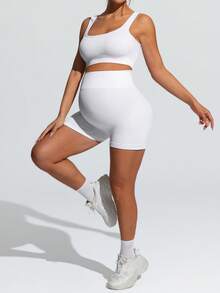 SHEIN Maternity Solid Color Cropped Tank Top And Sports Shorts Set,Word Cup - White - View 7