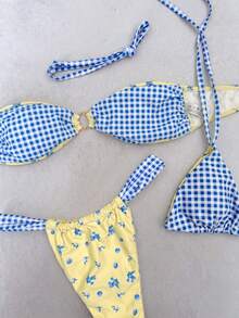 Bộ bikini nữ cổ yếm, họa tiết ngẫu nhiên, đính vòng trang trí, cạp cao, thích hợp cho mùa xuân/hè. - Nhiều màu - Xem 2