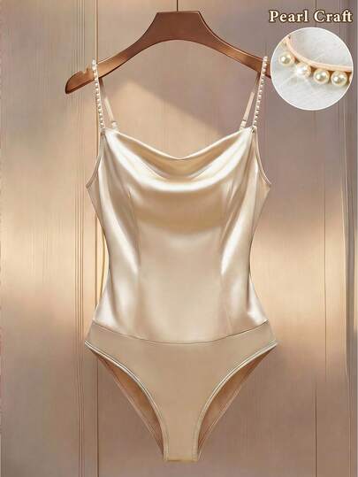 SHEIN PETITE 女士优雅简约纯色缎面仿珍珠装饰连体衣，夏季