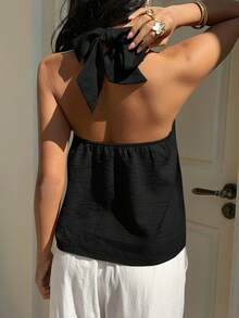 SHEIN EZwear Atasan Wanita Model Halter Neck Tenun Warna Hitam, Atasan Musim Panas - Hitam - View 4