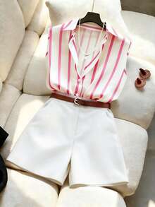 Blusa sin mangas a rayas + pantalones cortos sueltos y versátiles de moda, primavera/verano para mujer - Rosa - Ver 3