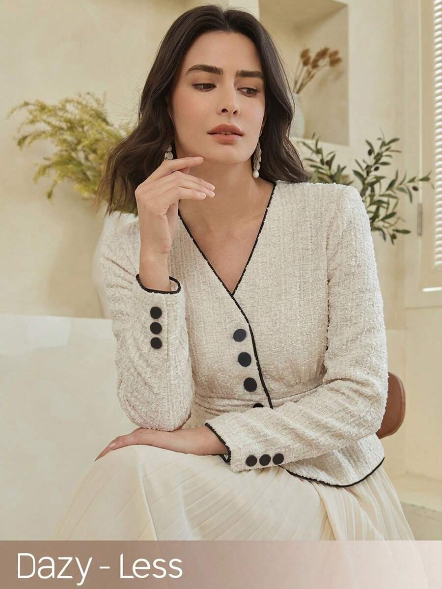 Dazy-Less Chaqueta elegante de manga larga para mujer con decoración de líneas, ajuste ceñido para uso en la oficina, primavera y verano - Blanco - Ver 1