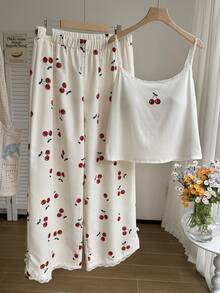 Comfortcana Fruit Print Lace Trim Camisole And Tank Top 2-Piece Set, Casual Sweet Style For Plus Size, Spring/Summer - White - View 5