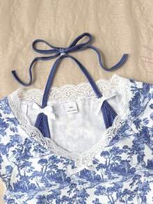 SHEIN Áo thun ngắn tay ôm sát, co giãn, màu trơn, cổ chữ V, viền ren, trang trí nơ ruy băng, dành cho bé gái tuổi teen, màu đen, kiểu Y2K. - Xanh và trắng - Xem 5