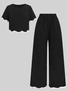 SHEIN 青少年女孩休閒日常百搭舒適修身圓領短袖T恤與長褲套裝 - 黑色 - 查看 3