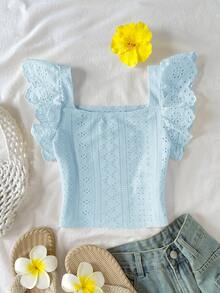 SHEIN Áo thun tay ngắn cổ vuông, chất liệu jacquard thêu họa tiết ren, kiểu dáng tối giản, thoải mái cho bé gái tuổi teen, thích hợp mặc mùa xuân, đi nghỉ mát, màu xanh dương. - Màu xanh lam - Xem 2