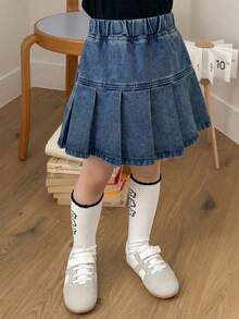 Dazy Kids 少女夏季松紧腰休闲百褶牛仔迷你裙 - 中等水洗藍 - 查看 5