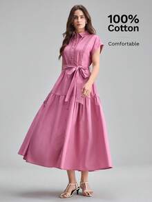 Ontre 女士时尚优雅单排扣长连衣裙，配腰带 - 粉色 - 查看 1