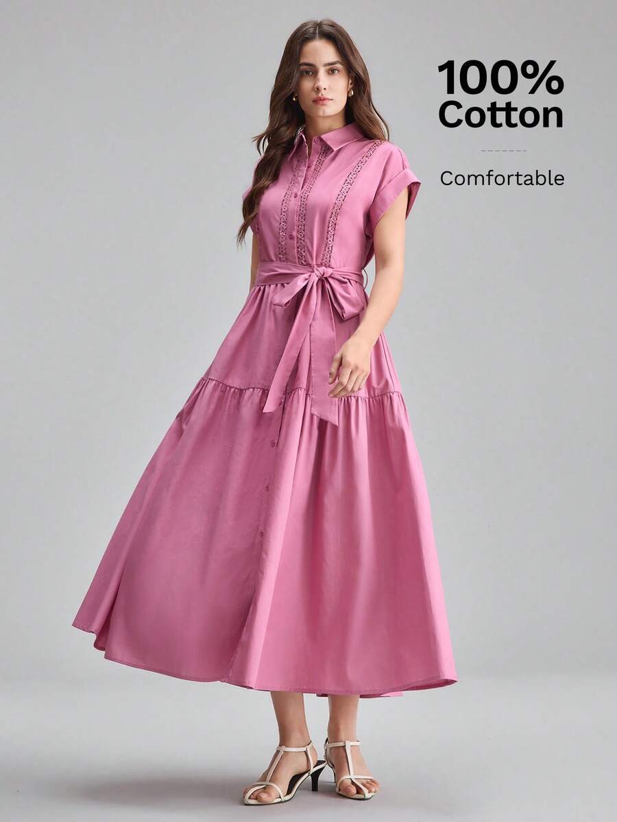 Ontre 女士时尚优雅单排扣长连衣裙，配腰带 - 粉色 - 查看 1