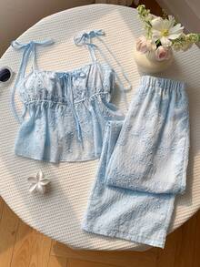 Comfortcana 女士刺绣吊带背心和裤子休闲两件套 - 藍色 - 查看 3