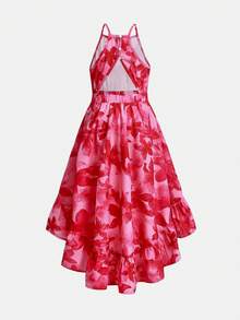 SHEIN 热带碎花连衣裙，露背镂空蝴蝶结设计，休闲度假百搭连衣裙，适合姐妹装、公园露营、家庭合影、派对、日常休闲穿着 - 粉色 - 查看 2