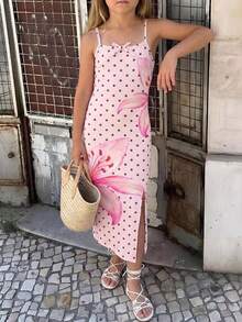 SHEIN 少女波点碎花吊带连衣裙，度假风 - 粉色 - 查看 5