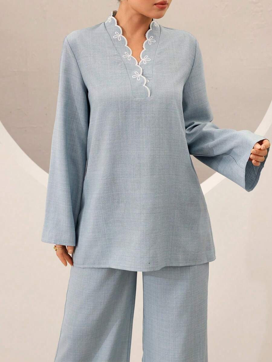 Graceveil 女士春秋季休闲度假简约刺绣V领喇叭袖宽松上衣和阔腿裤两件套 - 藍色 - 查看 1
