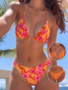 SHEIN Swim Mod 夏季度假性感碎花双面露背吊带三角罩杯比基尼套装 - 彩色 - 查看 4