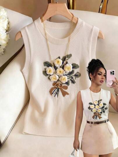 Franclia Áo len nữ mùa hè, cổ tròn, họa tiết lá và nơ, hoa lá và bướm, thích hợp cho kỳ nghỉ hè, trang phục mùa hè, đi biển.