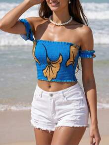 Swim Vcay Blue Off Shoulder Crop Top, Vintage Floral Print Pleated Midriff-Baring Fitted Vacation Style - Multicolor - View 4