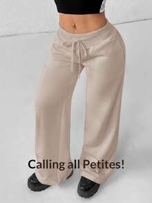 SHEIN PETITE Comfortable And Casual Plain Knitted Low-Rise Wide-Leg Women's Sweatpants - Camel - View 8
