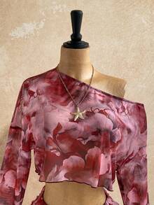 Soleia 2pcs Women Casual All-Over Print Asymmetric Collar Long Sleeve Top And Shorts Set - Multicolor - View 4