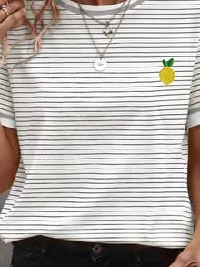Women's Casual Striped Lemon Print T-Shirt, Summer - Multicolor - View 4