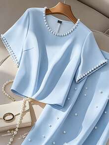 GlowEve CURVE Plus Size Women Pearl Decor Short Sleeve Top And Mini Skirt Elegant 2-Piece Set - Blue - View 4