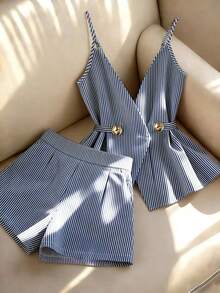 Franclia 女士优雅两件套、女士条纹两件套、女士休闲两件套、女士吊带背心、女士无袖吊带背心、女士阔腿裤、女士休闲套装、日常穿着、春季套装、夏季套装、度假套装、春季套装、吊带两件套、休闲套装 - 藍色 - 查看 1