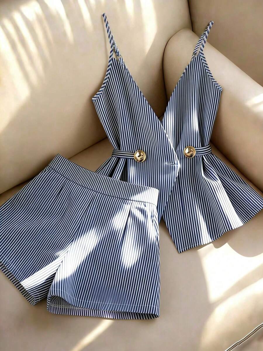 Franclia 女士优雅两件套、女士条纹两件套、女士休闲两件套、女士吊带背心、女士无袖吊带背心、女士阔腿裤、女士休闲套装、日常穿着、春季套装、夏季套装、度假套装、春季套装、吊带两件套、休闲套装 - 藍色 - 查看 1