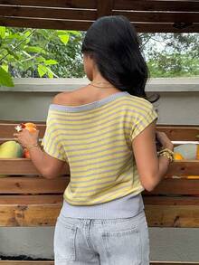 SHEIN EZwear Áo len nữ cổ lệch, kẻ sọc, kiểu dáng thường ngày. - Nhiều màu - Xem 2