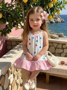 SHEIN Playful Pals 女婴休闲可爱彩色波点印花梭织连衣裙，夏季韩版 - 彩色 - 查看 8