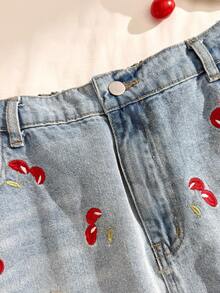 Comfortcana Plus Size Women's Light Blue Distressed Cherry Embroidery Denim Mini Skirt,Cute Summer Vacation Beach Holiday Festival Country Concert - Medium Wash - View 9