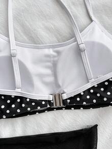 SHEIN 少女/青少年三件套波点比基尼套装，优雅百搭的波点泳装，带网纱裙摆，适合夏季海滩、游泳、冲浪 - 黑色 - 查看 4
