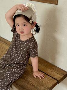 Infant/Toddler Girls V-Neck Short Sleeve Pajamas - Coffee Brown - View 7