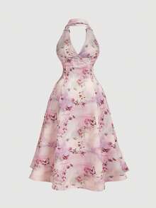 SHEIN MOD Đầm cổ yếm thanh lịch in hoa và bướm dành cho nữ cỡ lớn - Nhiều màu - Xem 2