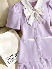 1pc Teen Girl Casual Elegant Bow Decor Short Sleeve Pleated Dress, Suitable For Spring & Summer - Purple - View 4