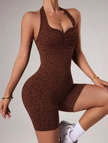 SHEIN Dewbera Bộ áo liền quần nữ không đường may họa tiết da báo, cổ yếm, hở lưng, khoét eo - Cà phê nâu - Xem 6