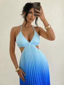 Women's Summer Casual Ombre Pleated Hollow Out Halter Dress Party - Blue - View 3
