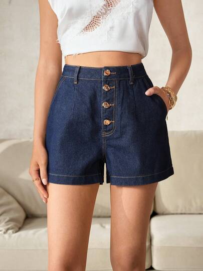 Selenza Quần short denim nữ thanh lịch với khóa kim loại