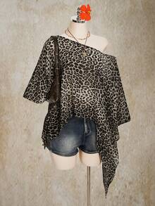 SHEIN ICON Plus Size Women Leopard Print Oblique Shoulder Casual Versatile Daily Wear Top - Grey - View 6