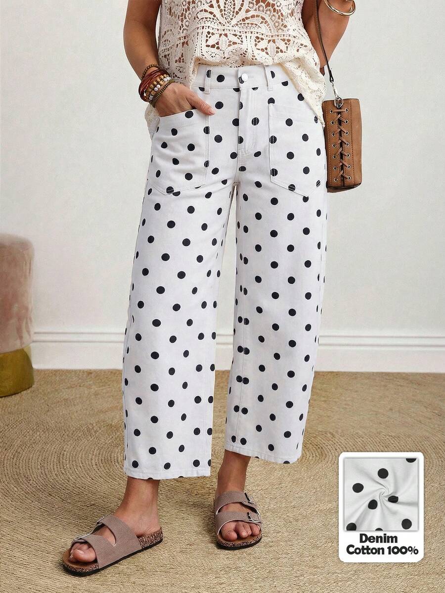 EMERY ROSE Women's Casual Polka Dot Print Pocket Denim Jeans - White - View 1