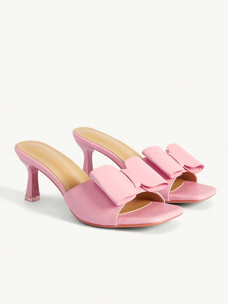 CUCCOO CHICEST French Gentle Pink Bow Slippers, Square Heel Design, Spring And Summer Versatile Temperament High Heels Summer Shoes