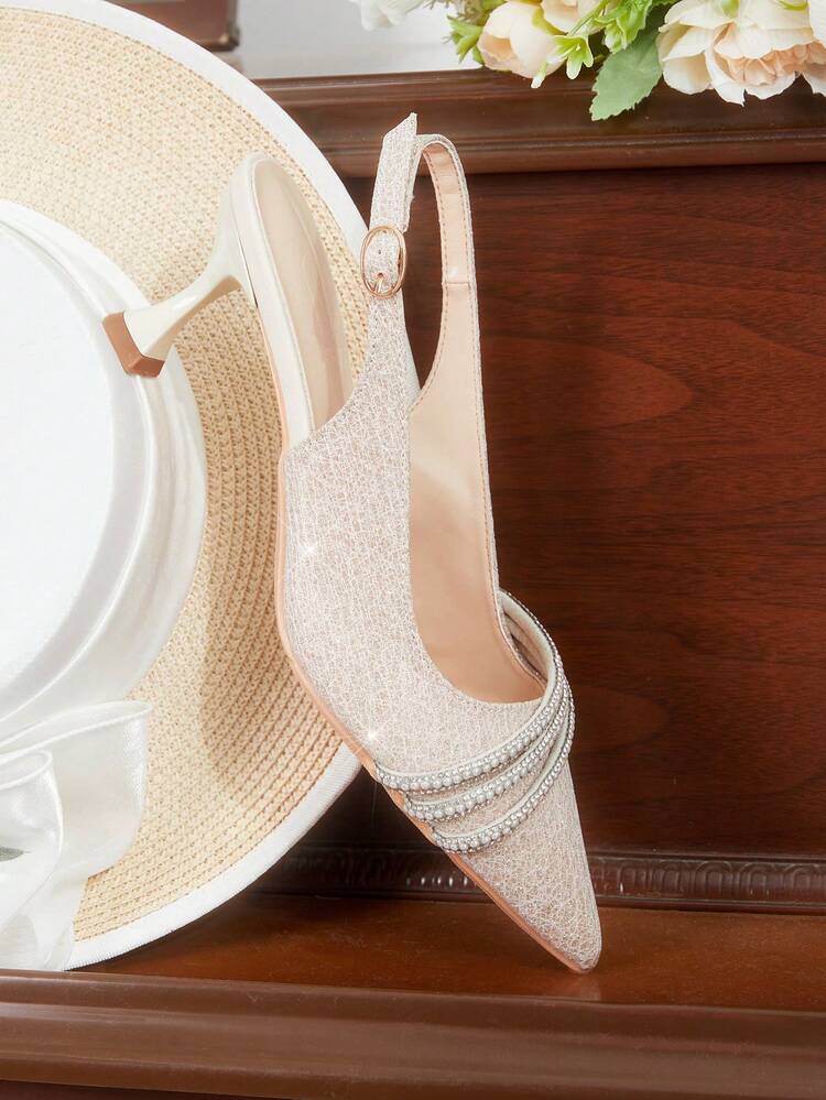 CUCCOO HITCHD Women'shoes Spring And Summer New Rhinestone Strips Thin Heel High Heel Romantic Elegant Gold Glitter PU Women's High Heel Shoes Dress Shoes Bridal Shoes Wedding Season Party Valentine's Day Elegant Wear