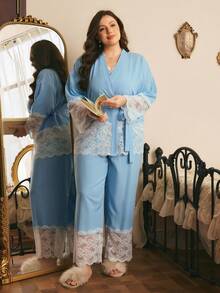 Côtesoire French Elegant Romantic Contrast Color Lace Patchwork 3 PiecesPlus Size Pajama Set - Blue - View 4