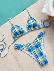 Swim Mod Bộ đồ đi biển 2 món dành cho nữ, thời trang dễ thương, gợi cảm, thích hợp cho kỳ nghỉ bên bờ biển, hồ bơi, tiệc tùng, họa tiết hoa, kẻ caro, sọc ngẫu nhiên, áo crop top hở lưng buộc dây và quần bikini, thích hợp cho mùa xuân/hè. - Nhiều màu - Xem 3