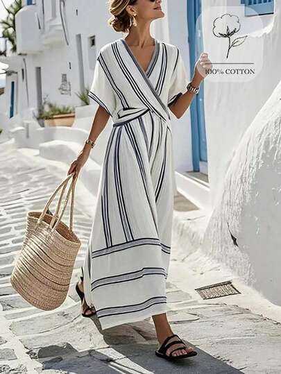 Breezaya Navy Blue And White Summer Casual Chic Dress,V-Neck Short-Sleeved Striped Relaxed A-Line Silhouette,French Retro Holiday Vacation Holiday Dress