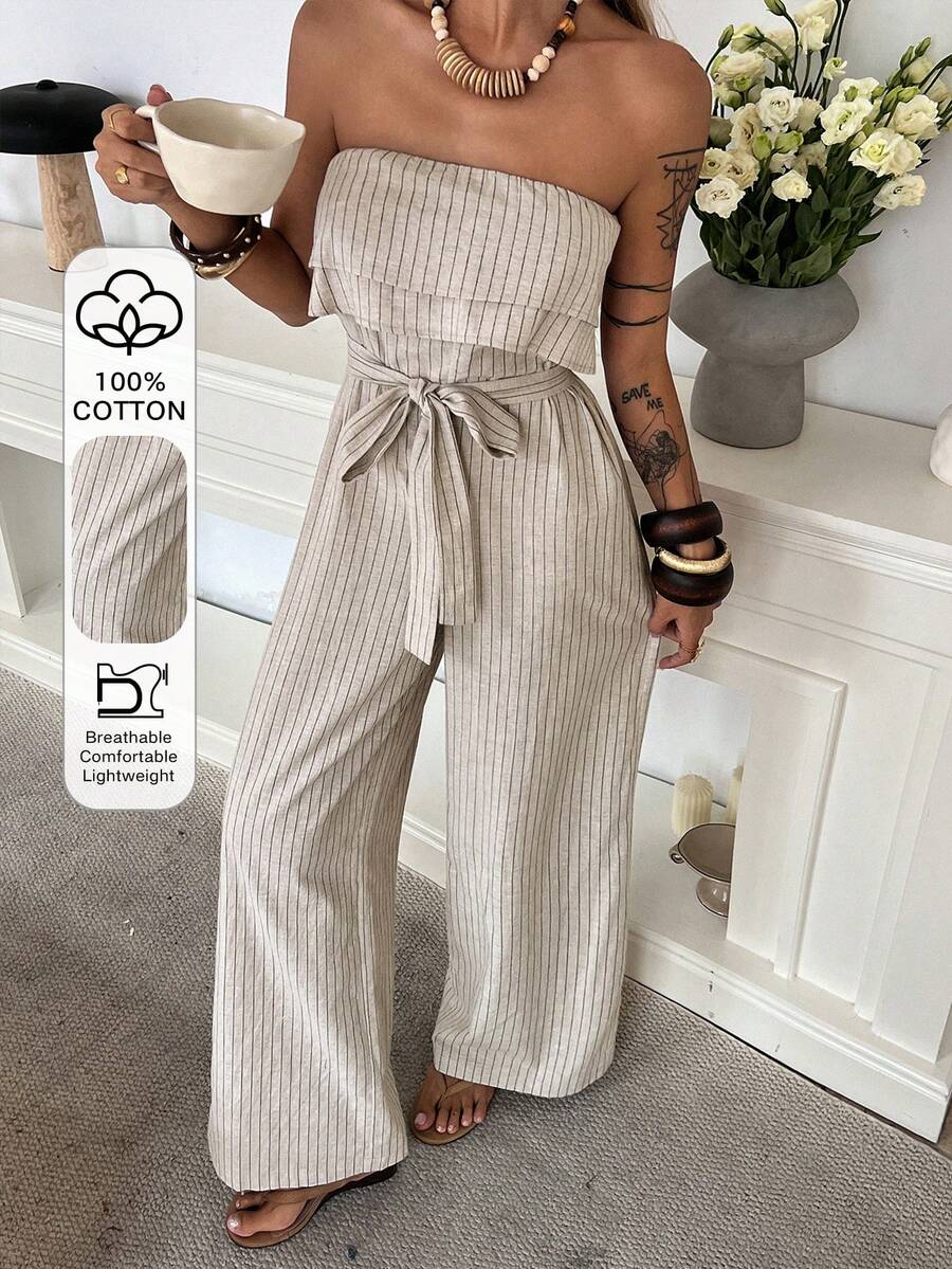 DAZY Casual Tropical Vacation Style Off-Shoulder Striped Jumpsuit For Women, Spring/Summer Jumpsuits For Women Lounge Sets For Women Beach Vacation Gray - Khaki - View 1