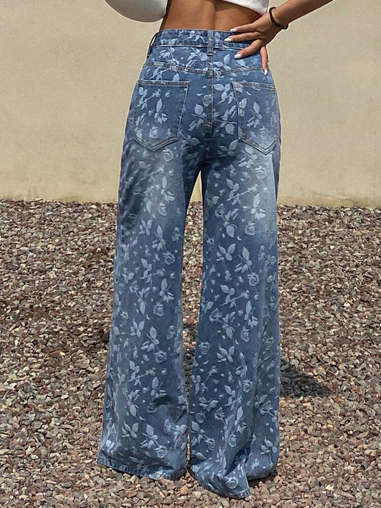 Women's Casual Everyday Denim Jeans With Pockets And Floral Print Boho